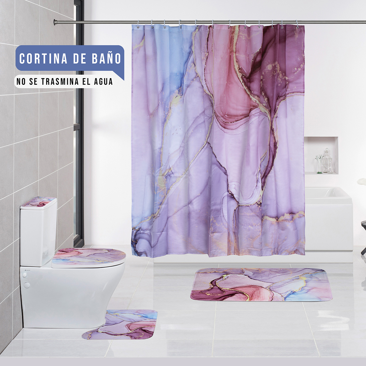 AGBOX Juego Para Baño Premium Estandar 5 Piezas, Marmoleado Rosa.