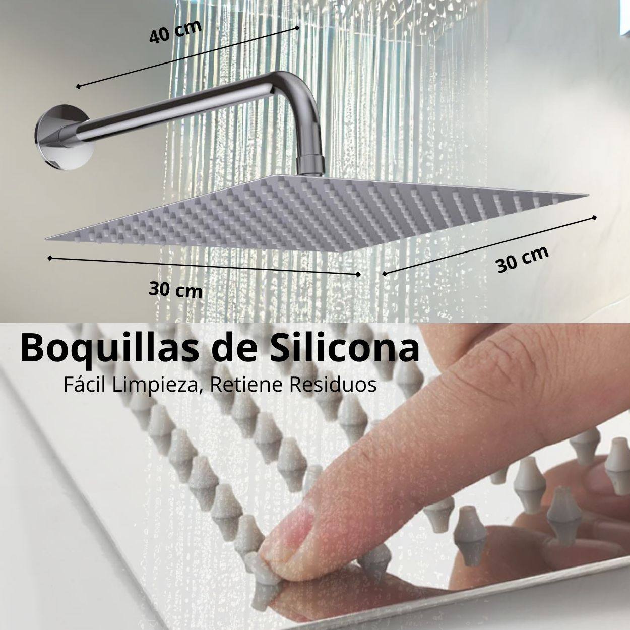 Regaderas Cuadradas 12 Pulgadas (30 cm x 30 cm) en Acero Inox, Incluye brazo de 40 cm, Sensación de Lluvia Relajante