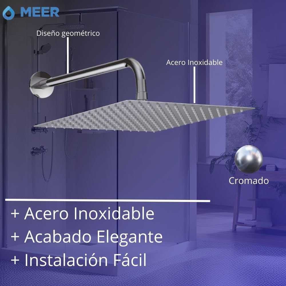 Regaderas Cuadradas 12 Pulgadas (30 cm x 30 cm) en Acero Inox, Incluye brazo de 40 cm, Sensación de Lluvia Relajante