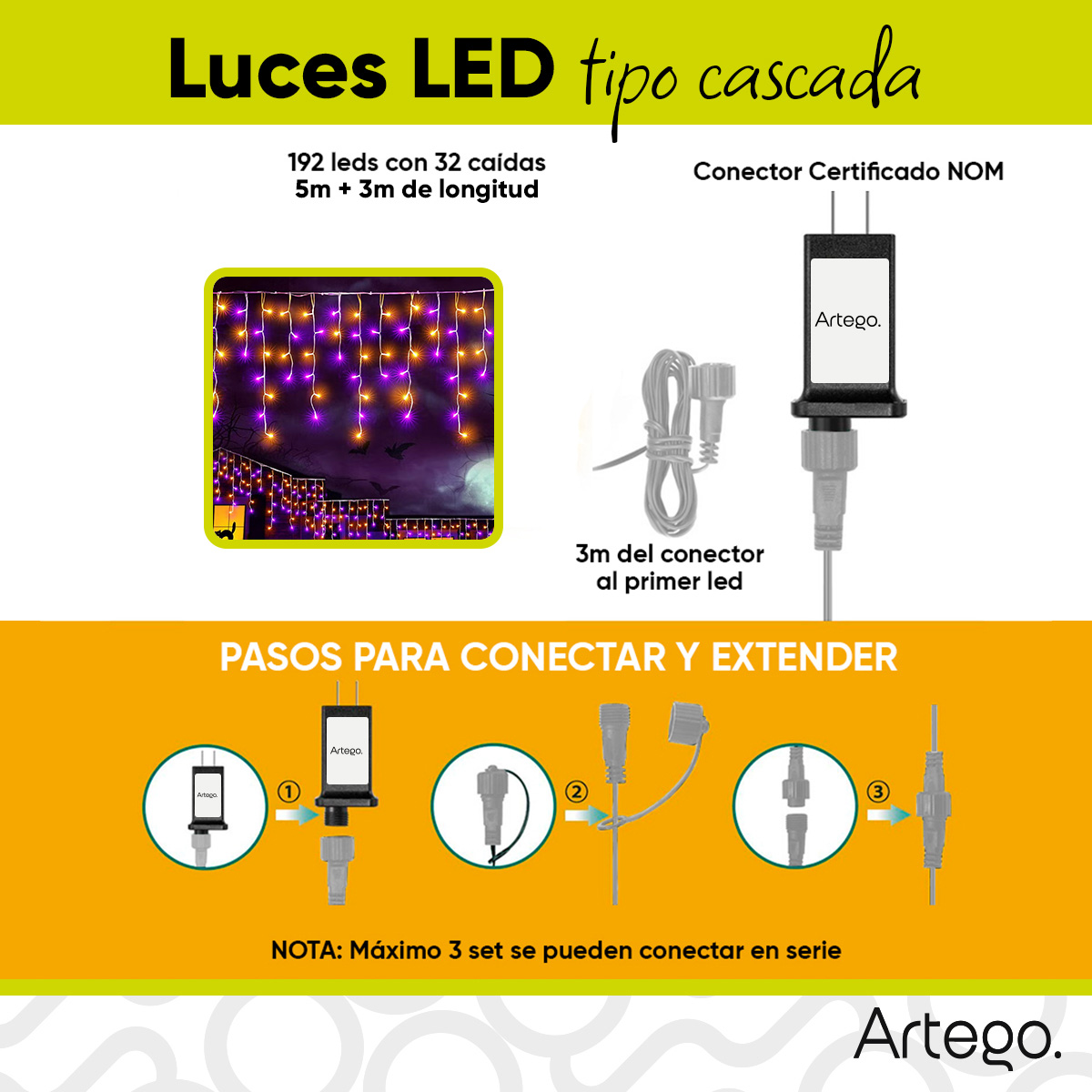 Luces Serie de Navidad Halloween tipo cascada led cable transparente interior/exterior Artego Decoración Halloween