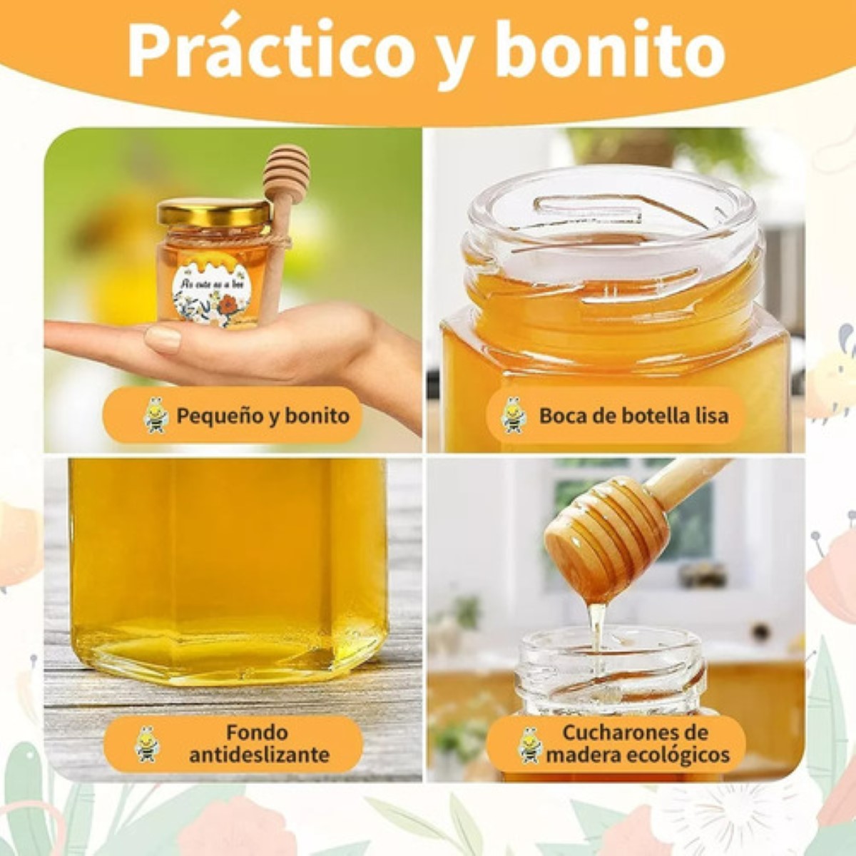 Frasco De Vidrio Mini Miel Hexagonal 45 Ml Con Tapa (20pcs) transparente