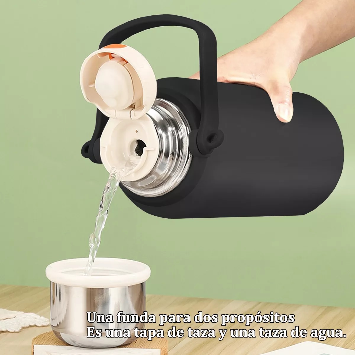 Termo Grande De Acero Inoxidable Con Asa Y Tapa 1500ml Negro