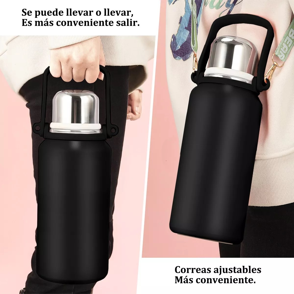 Termo Grande De Acero Inoxidable Con Asa Y Tapa 1500ml Negro