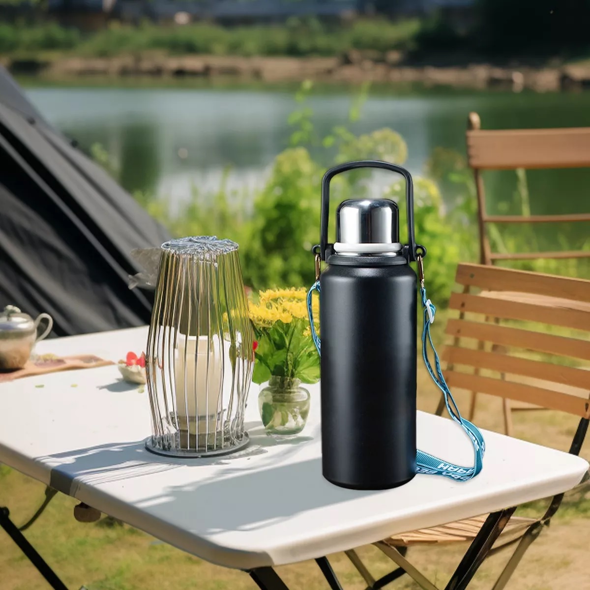 Termo Grande De Acero Inoxidable Con Asa Y Tapa 1500ml Negro
