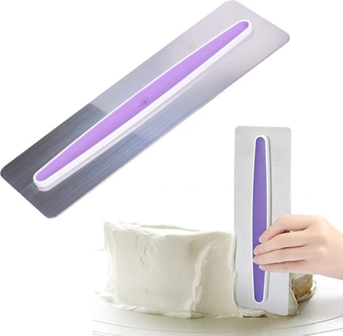 Alisador Espátula Raspa Acero Pastel Reposteria Fondant 23cm plata morado