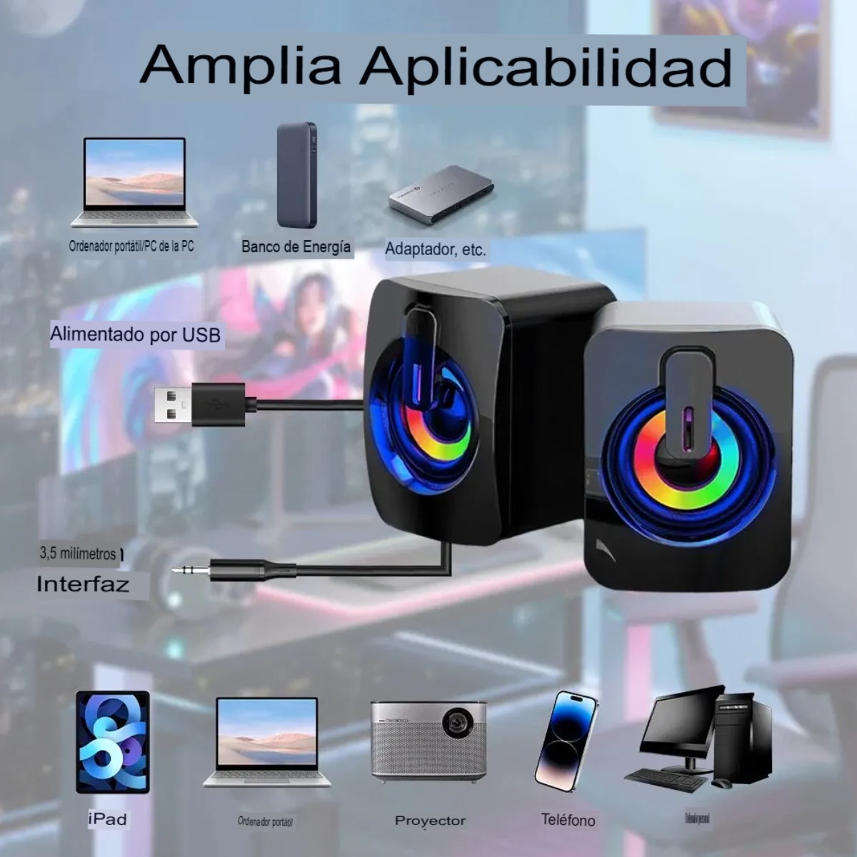Bocinas mini altavoz portátil USB audio PC lap teléfono luces RGB volumen 3,5mm estéreo HiFi LED