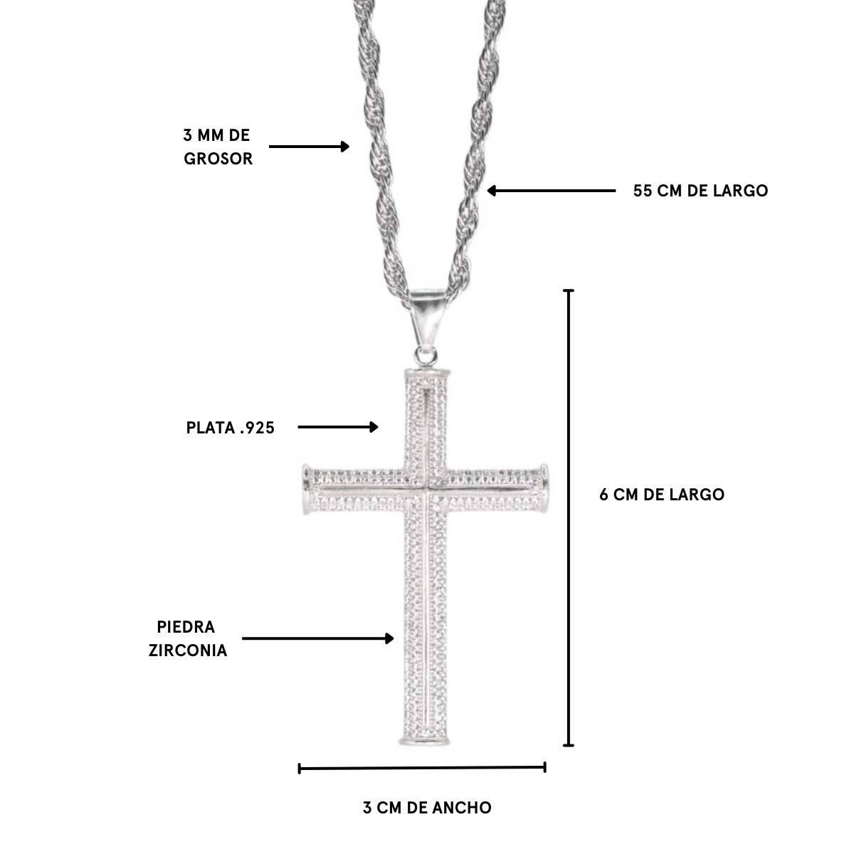 Collar cadena cruz plata .925 hombre torzal piedra zirconia 