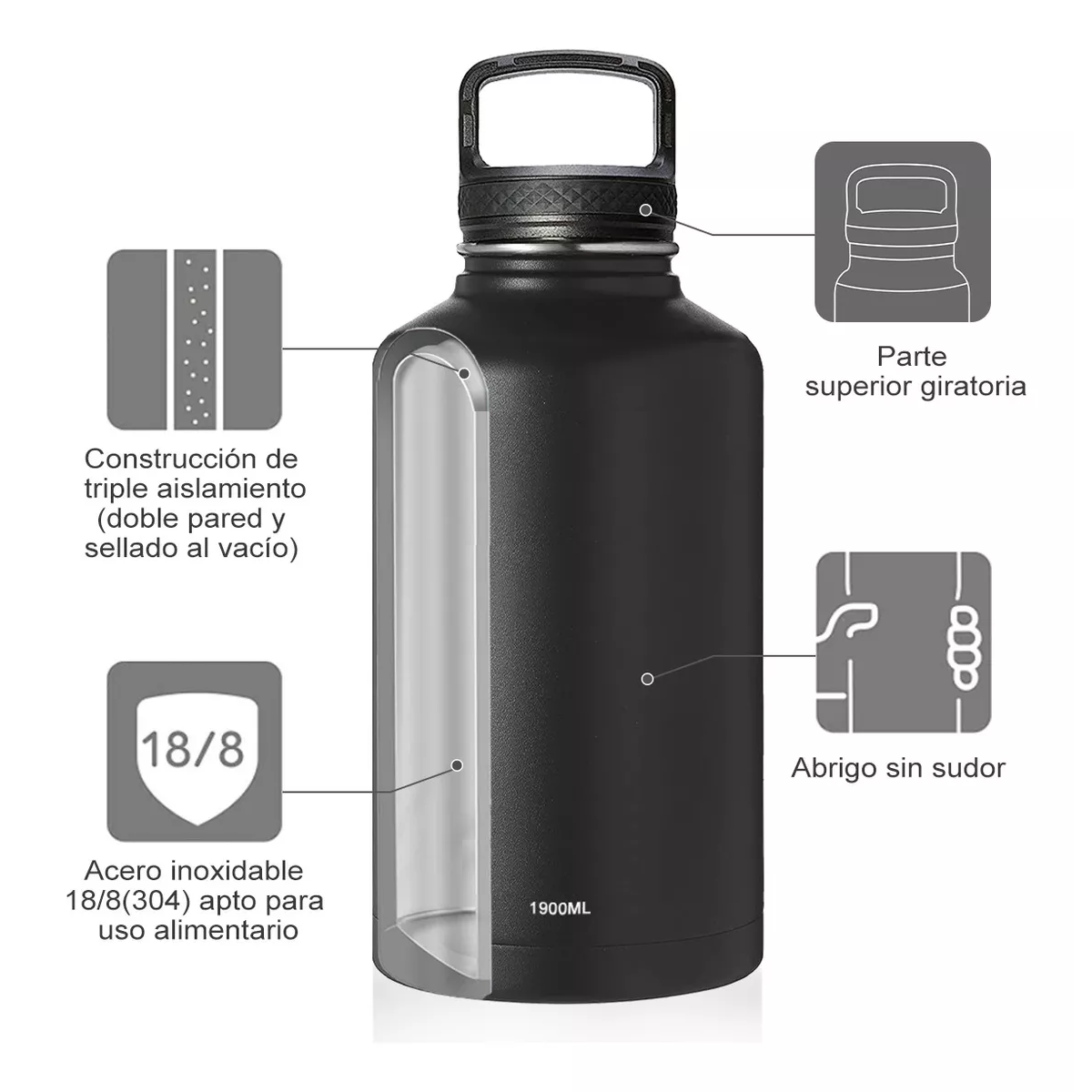 Termo Vaso-botella Acero Inoxidablecon Fría/caliente 64 Oz Negro