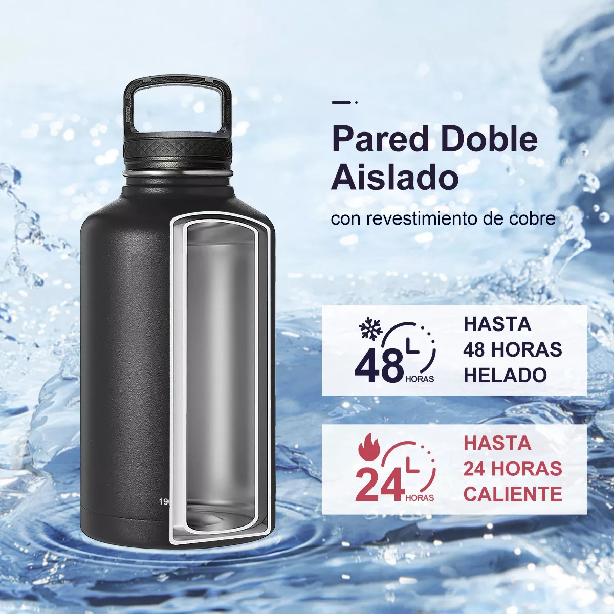 Termo Vaso-botella Acero Inoxidablecon Fría/caliente 64 Oz Negro