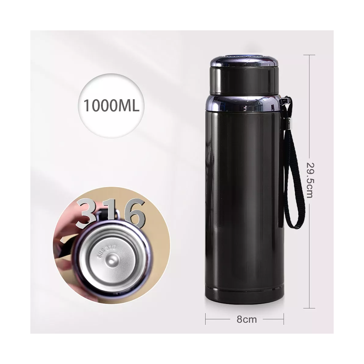 Termo De Acero Inoxidable Aislado Al Vacío 1000ml 3 Pack Negro