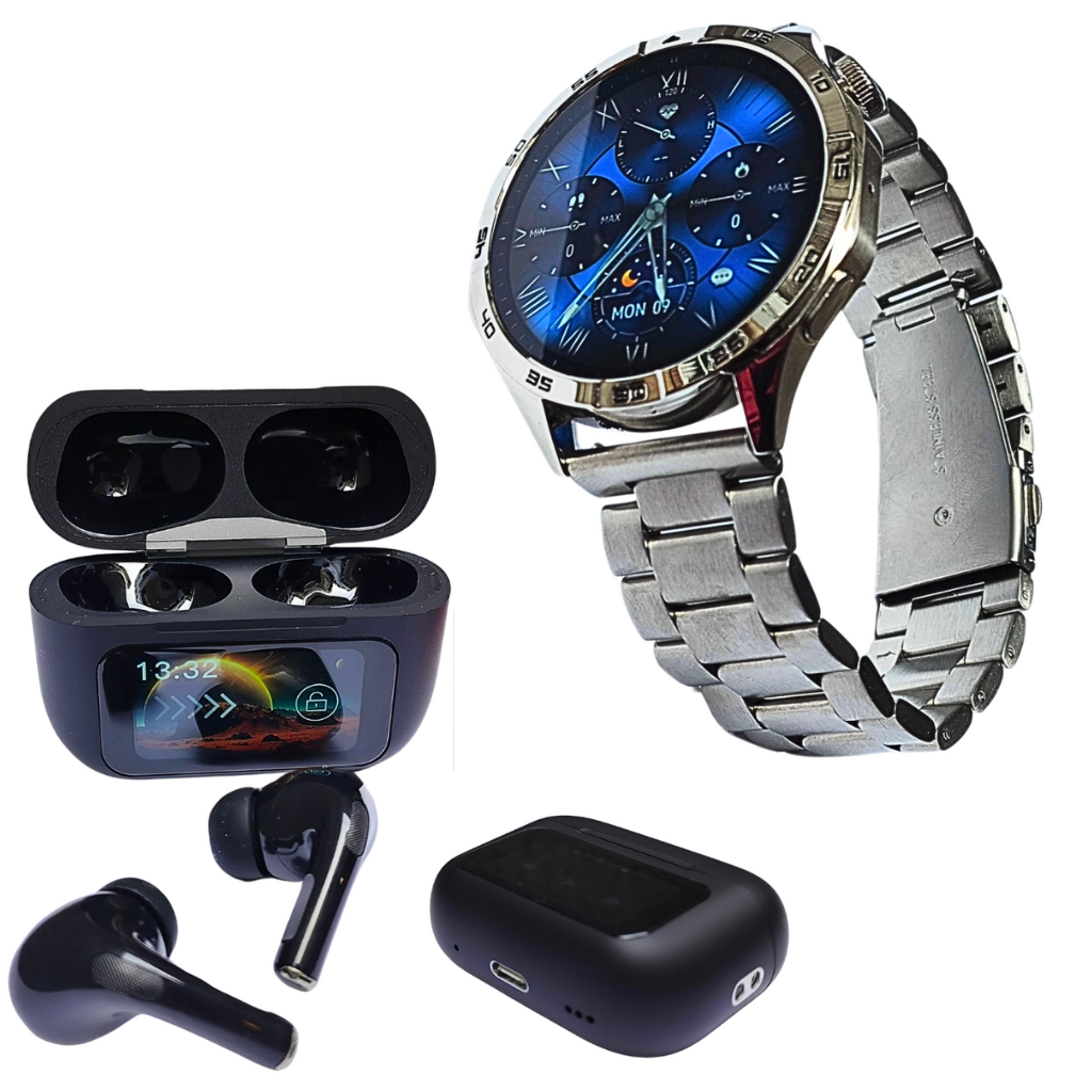 Combo de Smartwatch G-Tide Power - Correa Metálica con Audífonos con pantalla táctil Elibom Beats Flyer
