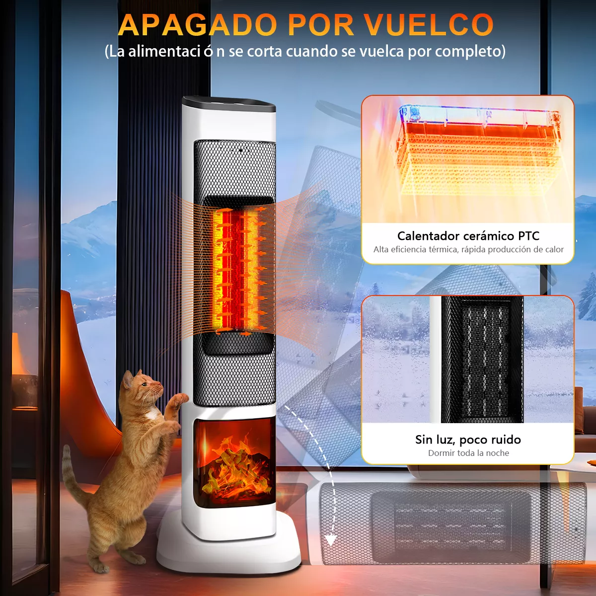 Calefactor Eléctrico Calentador Ptc 3 Niveles, Con 3d Llama