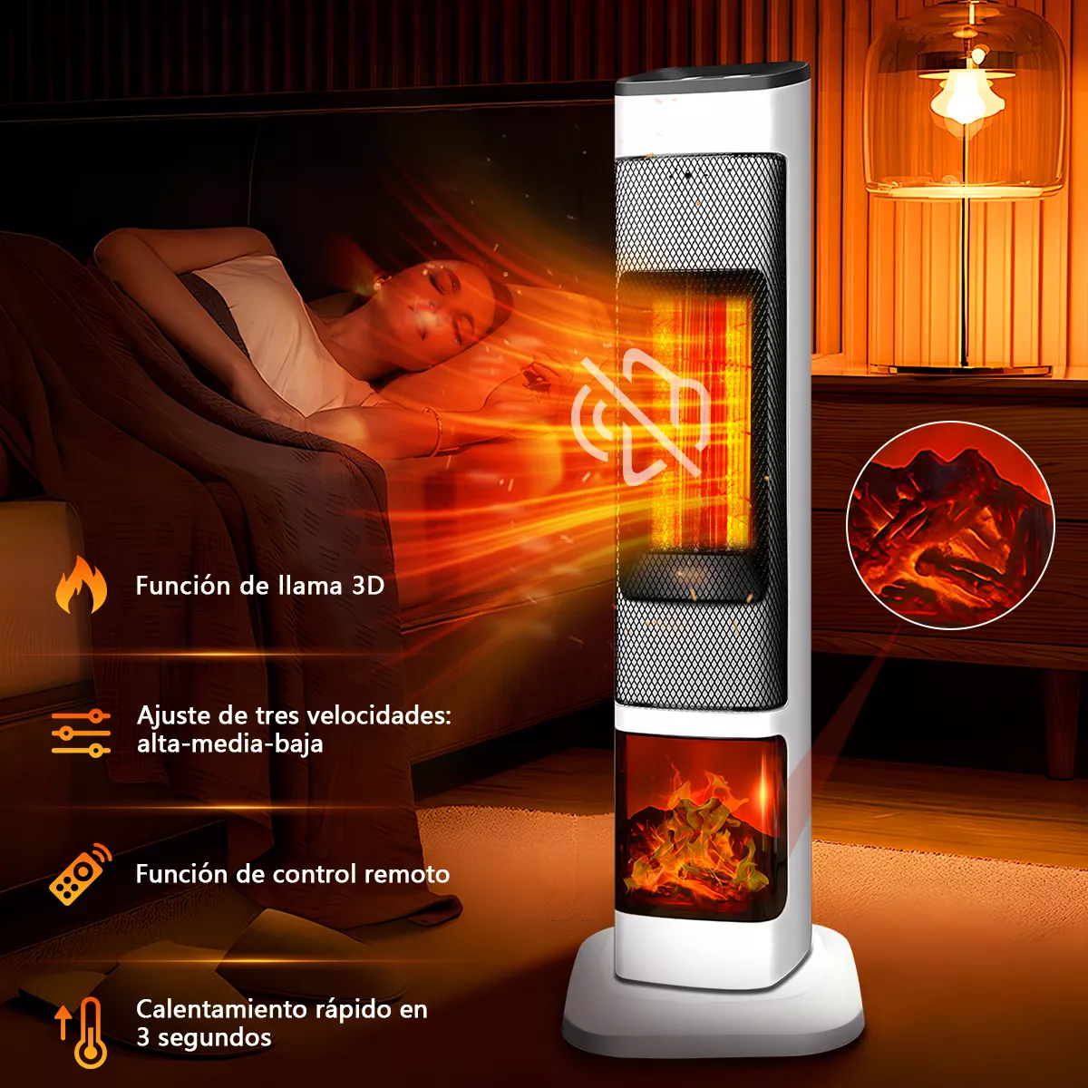 Calefactor Eléctrico Calentador Ptc 3 Niveles, Con 3d Llama