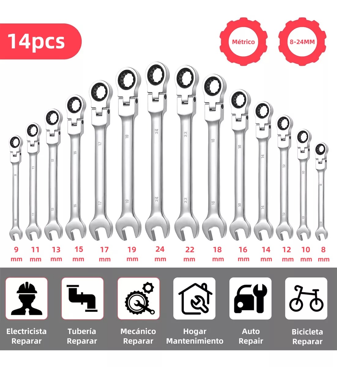 Kit De Llaves De Matraca Mecánicas 8-24 Mm 14 Piezas