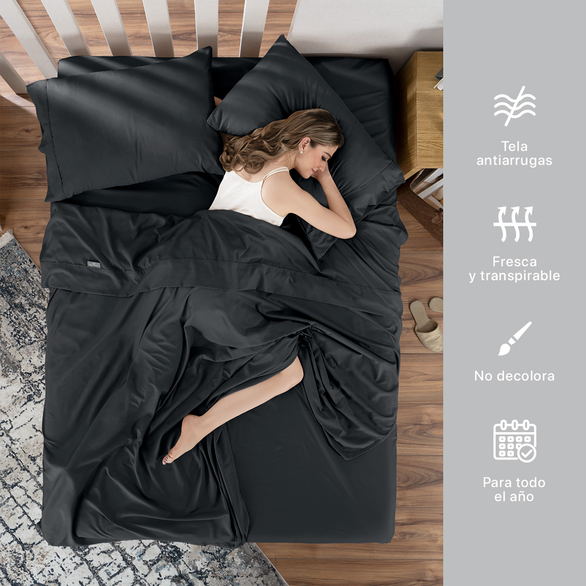 Juego de Sábanas Microfibra Queen Size Negro REAL TEXTIL.