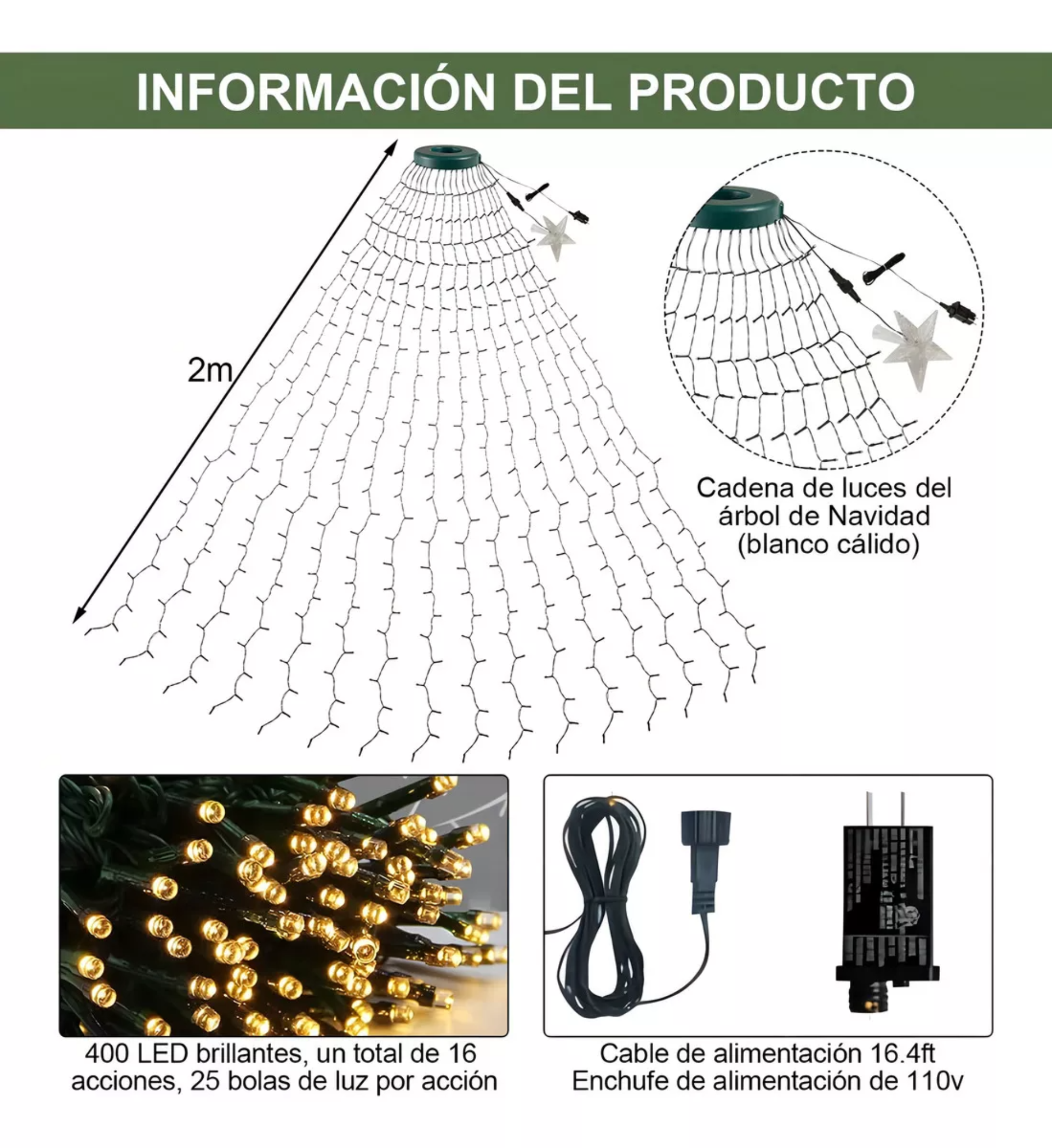Guirnalda De 400 Luces Led Para Árboles De Navidad Color de las luces Verde oscuro 24V