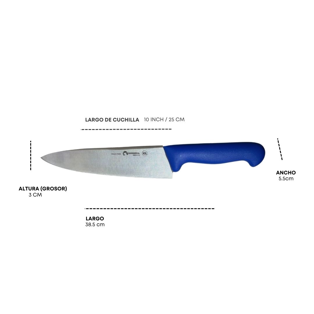 Kit de 3 cuchillos para Chef  10 inch Hoja Acero Inoxidable Mango Ergonómico Color Azul, rojo y blanco Shorbull 