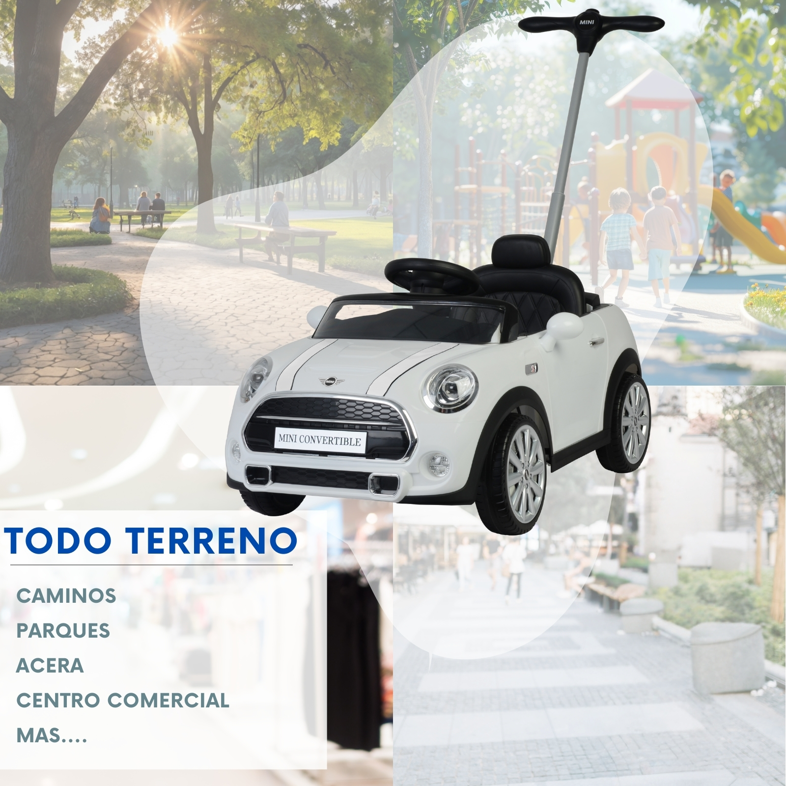 MINI COOPER CONVERTIBLE Coche Montable Para Niños y Bebes - Función 3 En 1 Carriola, Camina o Monta - Carro Con Música y Claxon - Blanco