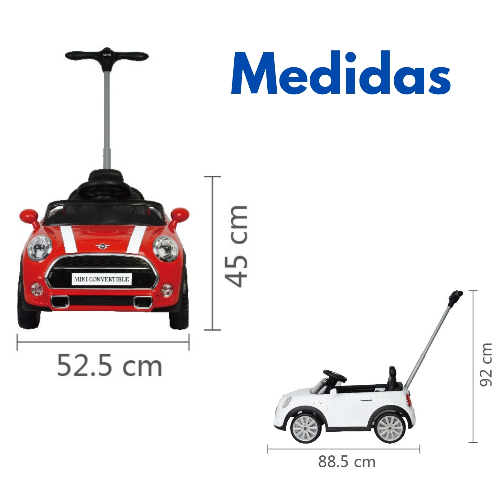 MINI COOPER CONVERTIBLE Coche Montable Para Niños y Bebes - Función 3 En 1 Carriola, Camina o Monta - Carro Con Música y Claxon - Blanco