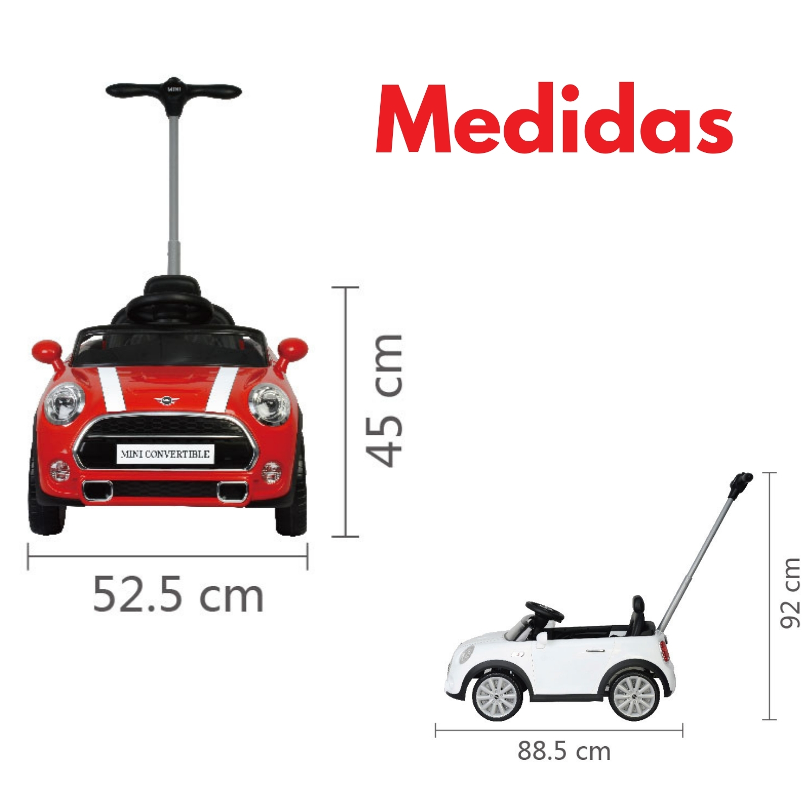MINI COOPER CONVERTIBLE Coche Montable Para Niños y Bebes - Función 3 En 1 Carriola, Camina o Monta - Carro Con Música y Claxon - Rojo
