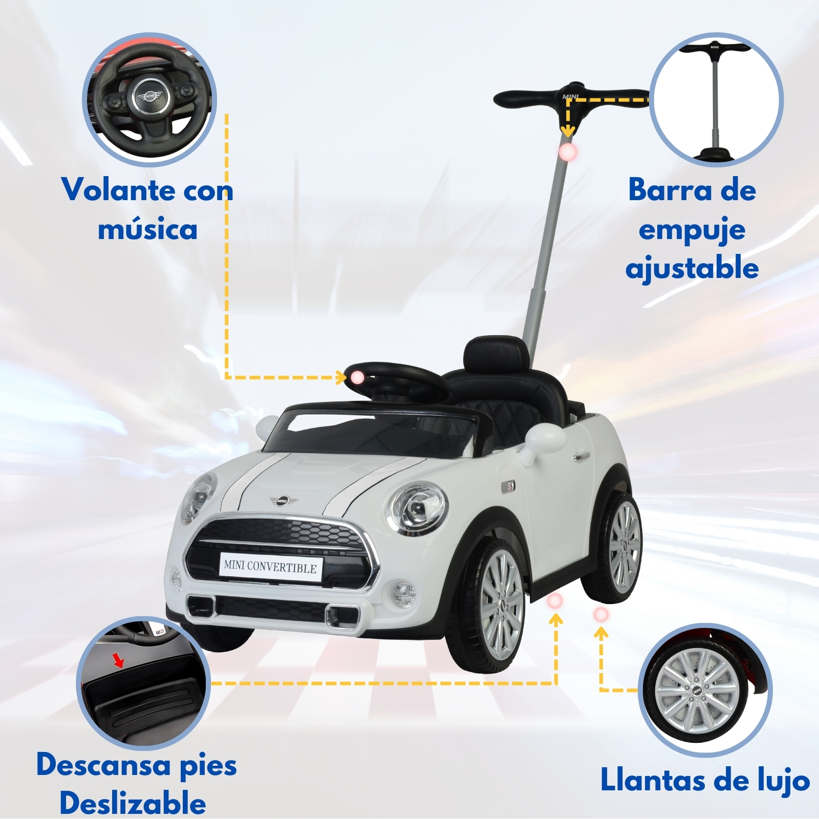 MINI COOPER CONVERTIBLE Coche Montable Para Niños y Bebes - Función 3 En 1 Carriola, Camina o Monta - Carro Con Música y Claxon - Blanco