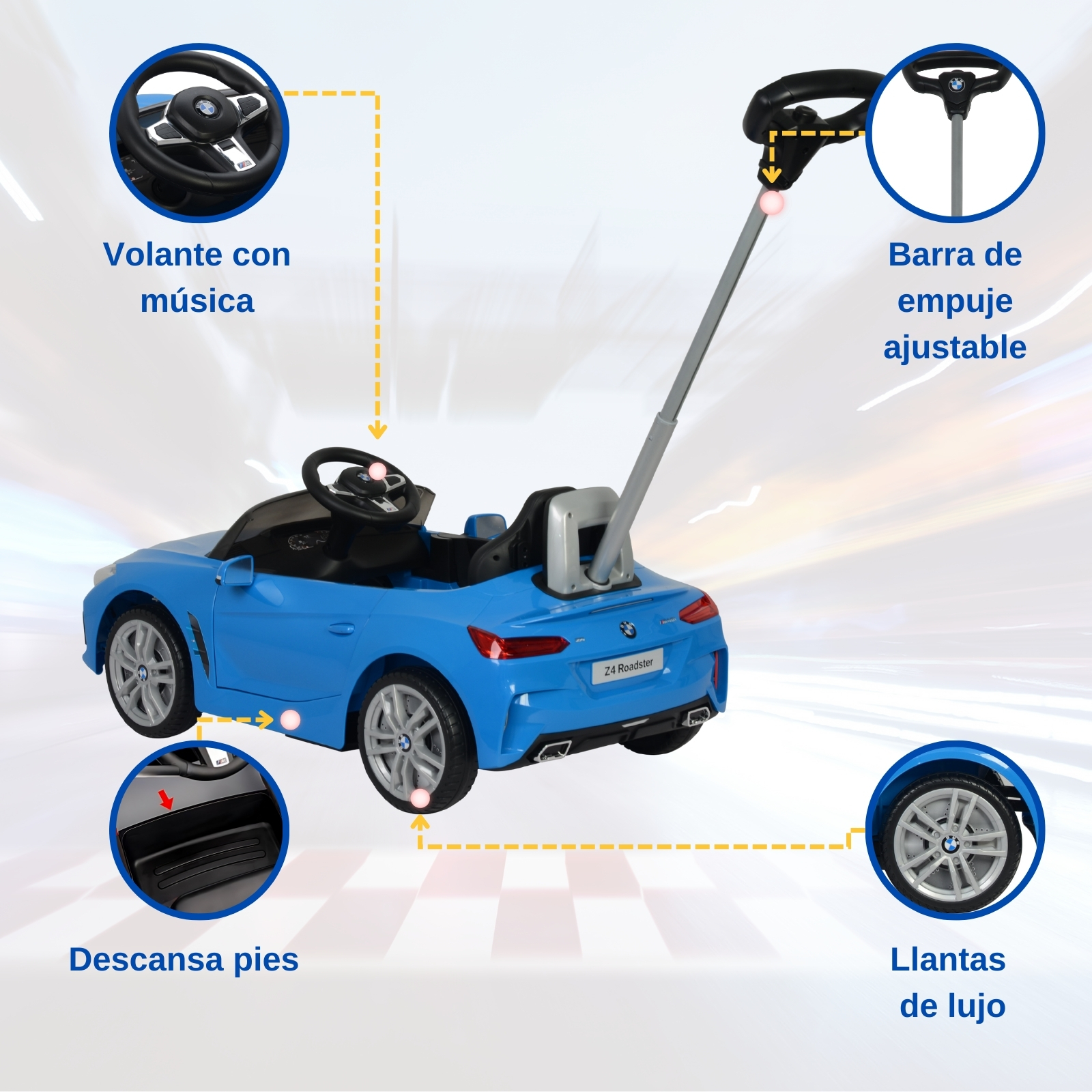 BMW Z4 Carro Montable Para Niños y Bebes - Función 3 En 1 Carriola, Camina o Monta - Coche Con Música y Claxon - Azul