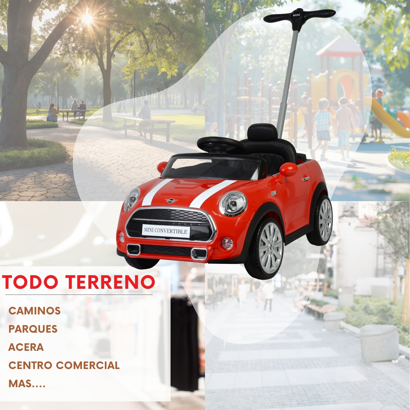 MINI COOPER CONVERTIBLE Coche Montable Para Niños y Bebes - Función 3 En 1 Carriola, Camina o Monta - Carro Con Música y Claxon - Rojo