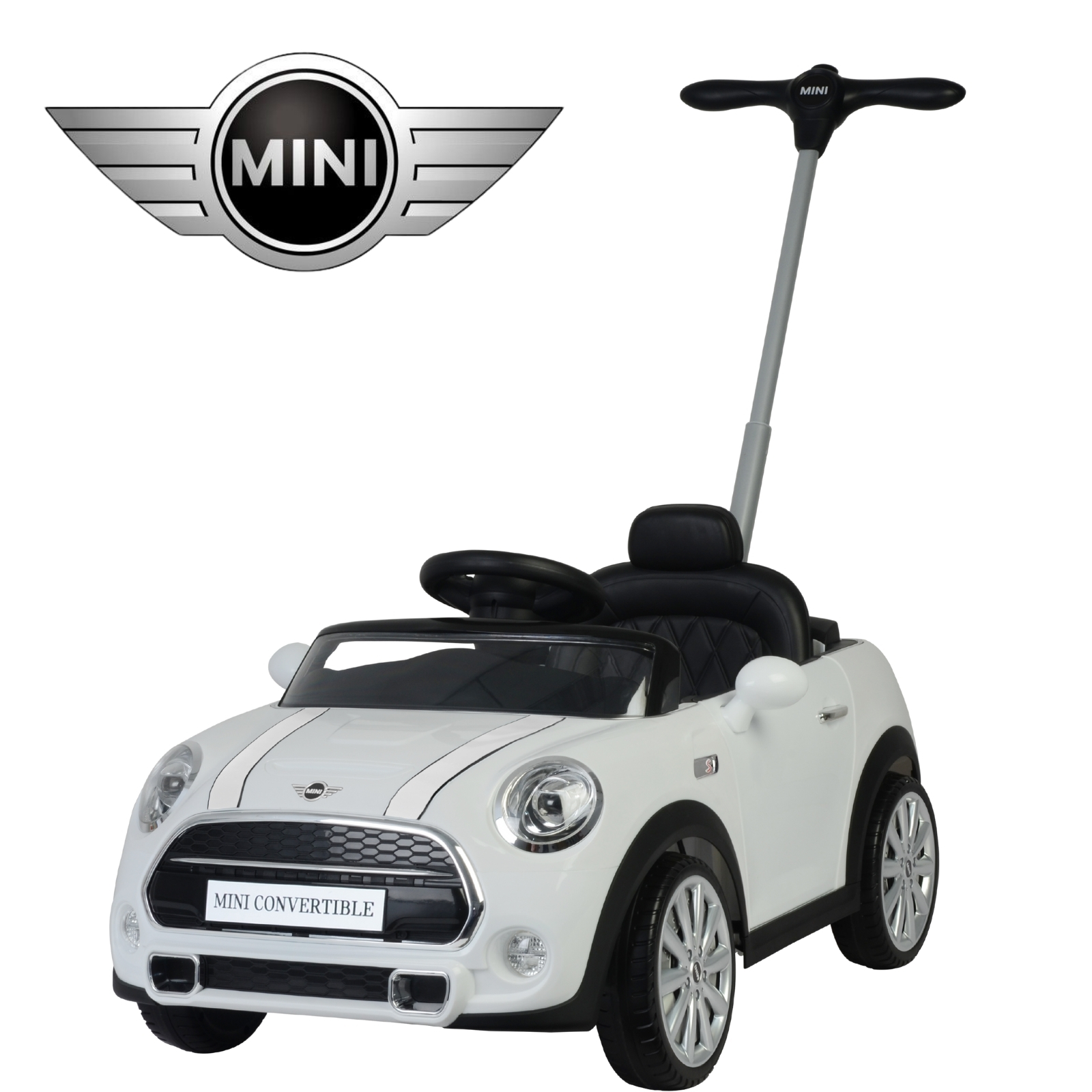 MINI COOPER CONVERTIBLE Coche Montable Para Niños y Bebes - Función 3 En 1 Carriola, Camina o Monta - Carro Con Música y Claxon - Blanco