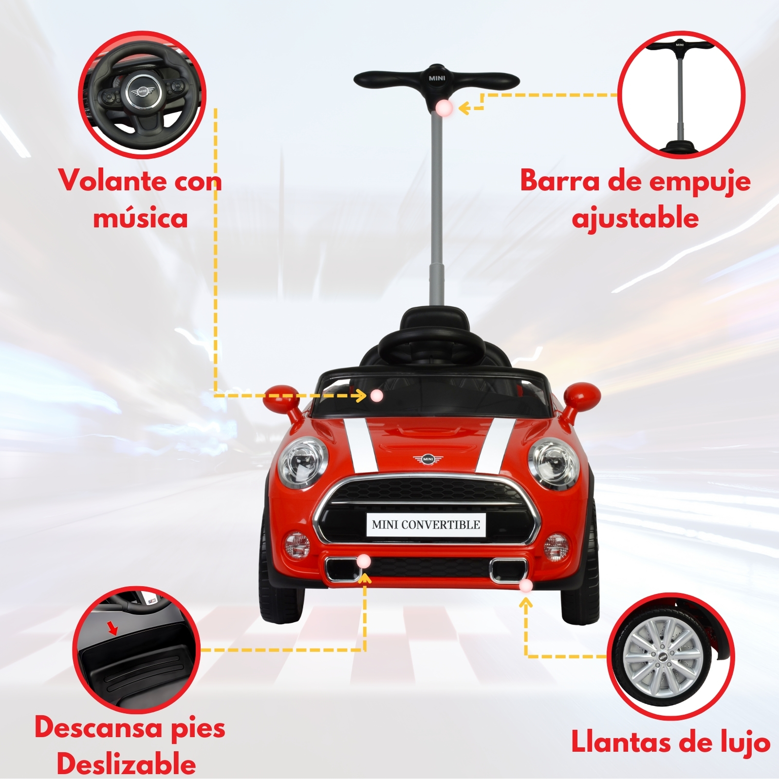 MINI COOPER CONVERTIBLE Coche Montable Para Niños y Bebes - Función 3 En 1 Carriola, Camina o Monta - Carro Con Música y Claxon - Rojo