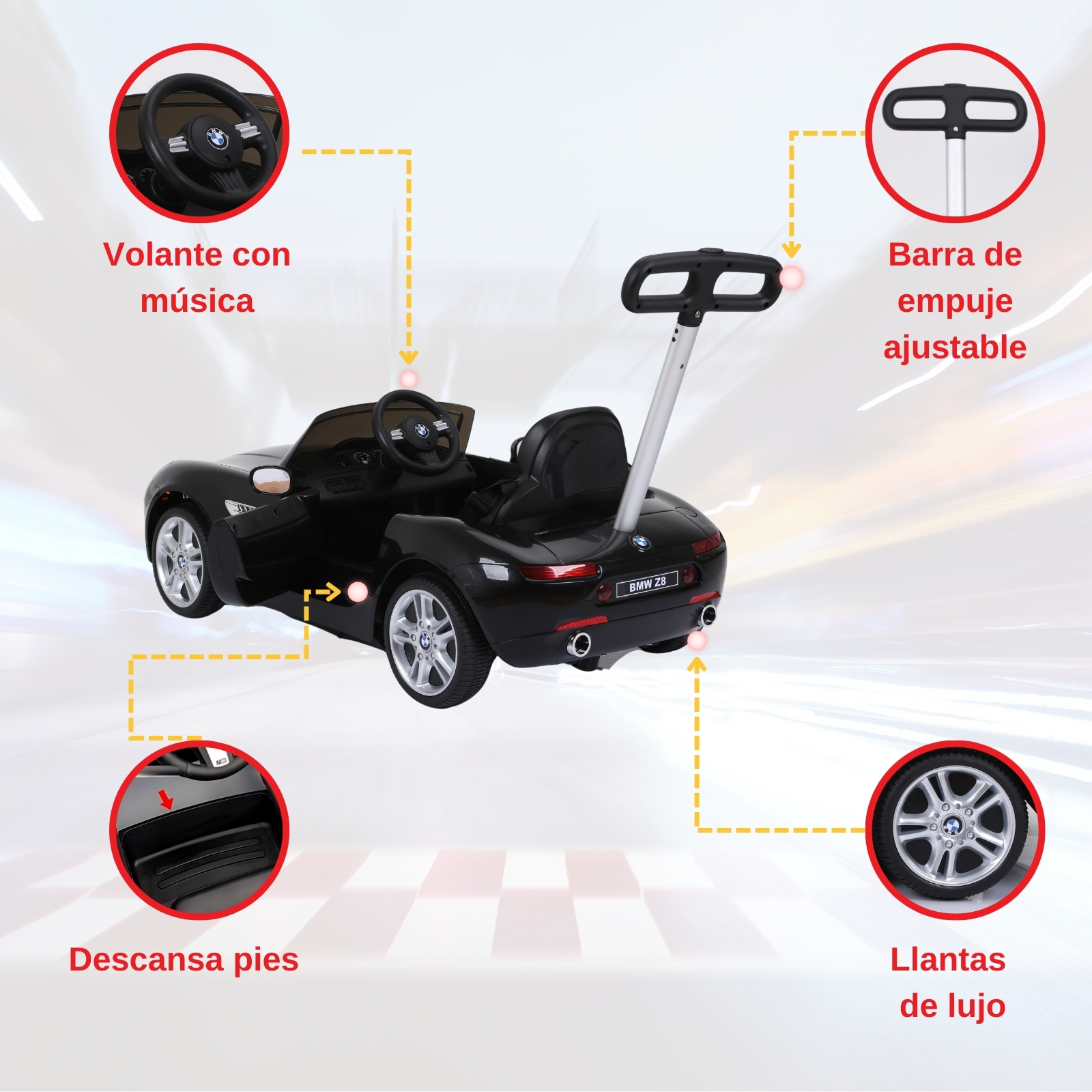 BMW Z8 Carrito Montable Para Bebes y Niños - Función 2 En 1 Carriola o Monta - Coche Con Música y Claxon - Negro