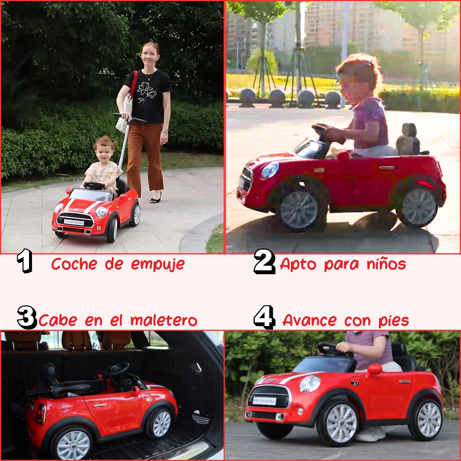 MINI COOPER CONVERTIBLE Coche Montable Para Niños y Bebes - Función 3 En 1 Carriola, Camina o Monta - Carro Con Música y Claxon - Rojo