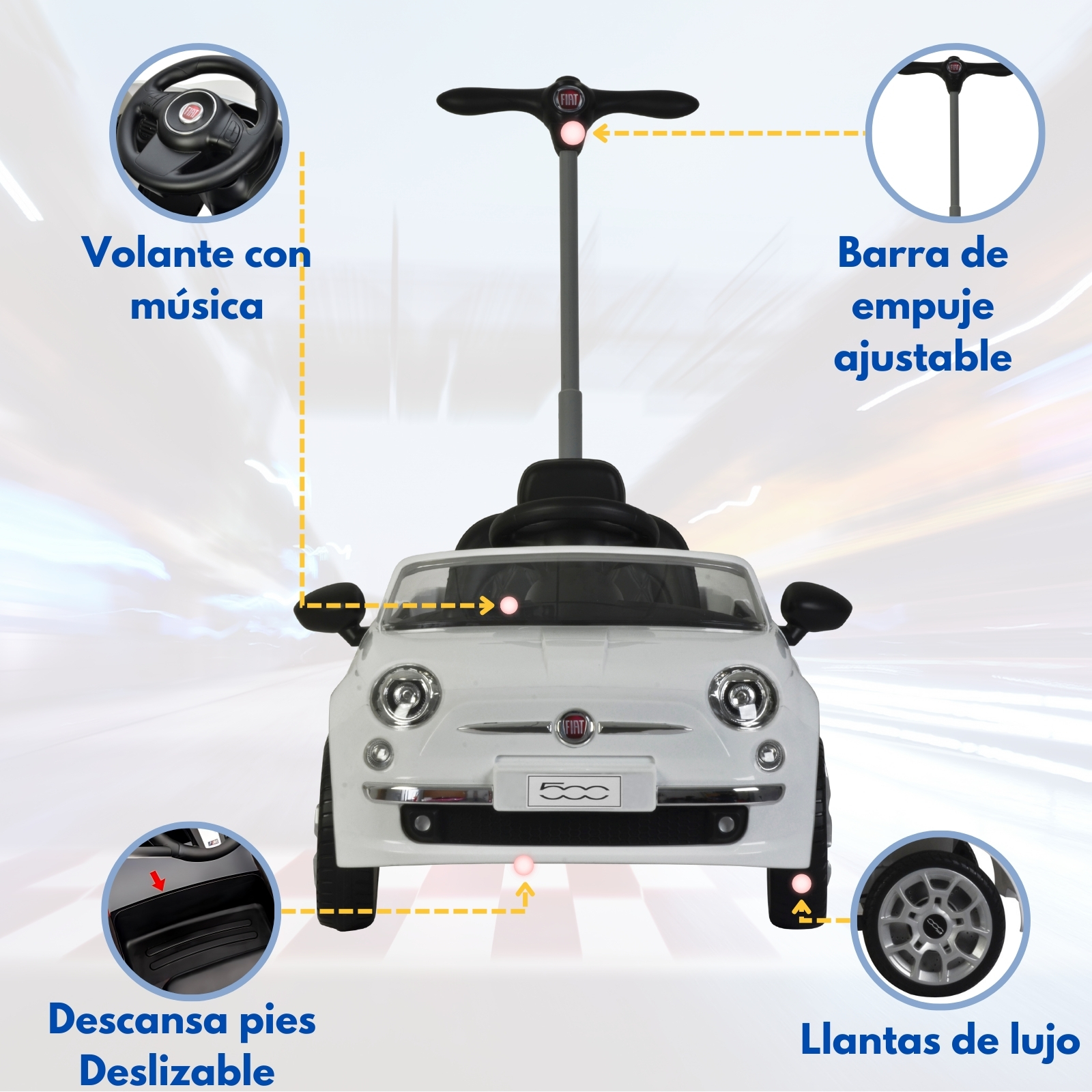 FIAT 500 Carro Montable Para Niños y Bebes - Función 3 En 1 Carriola, Camina o Monta – Coche Con Música y Claxon - Blanco