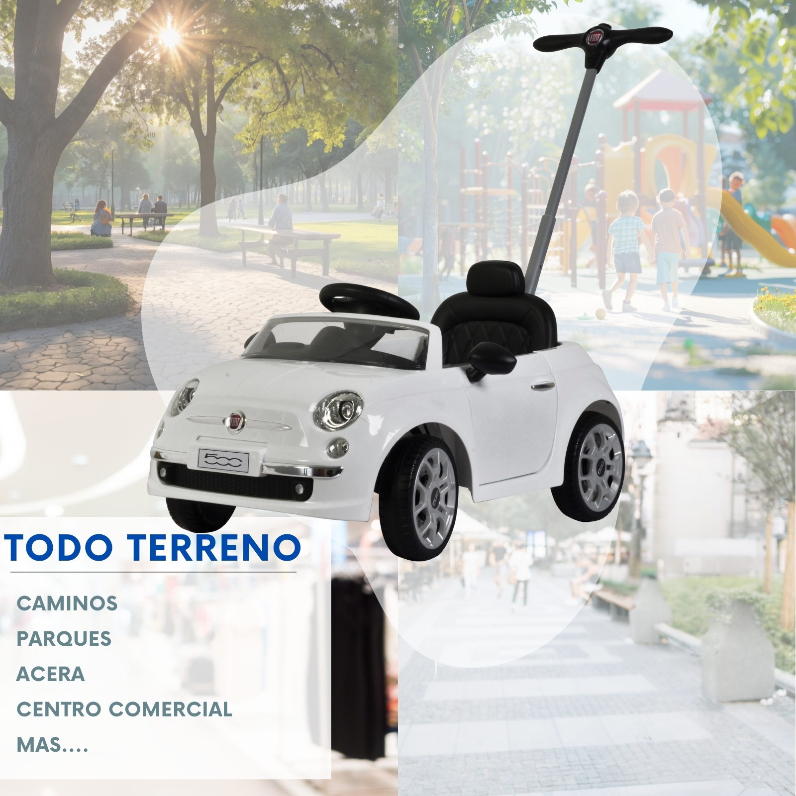 FIAT 500 Carro Montable Para Niños y Bebes - Función 3 En 1 Carriola, Camina o Monta – Coche Con Música y Claxon - Blanco