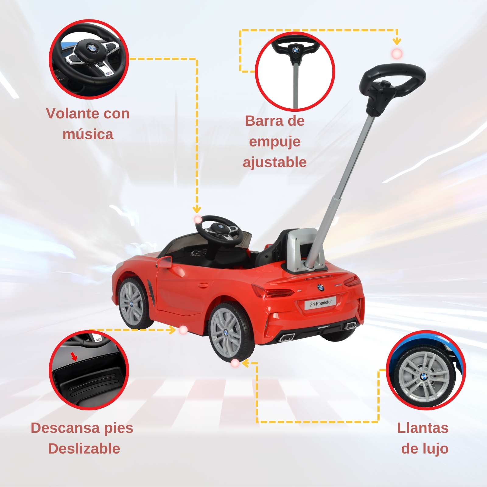 BMW Z4 Carro Montable Para Niños y Bebes - Función 3 En 1 Carriola, Camina o Monta - Coche Con Música y Claxon - Rojo