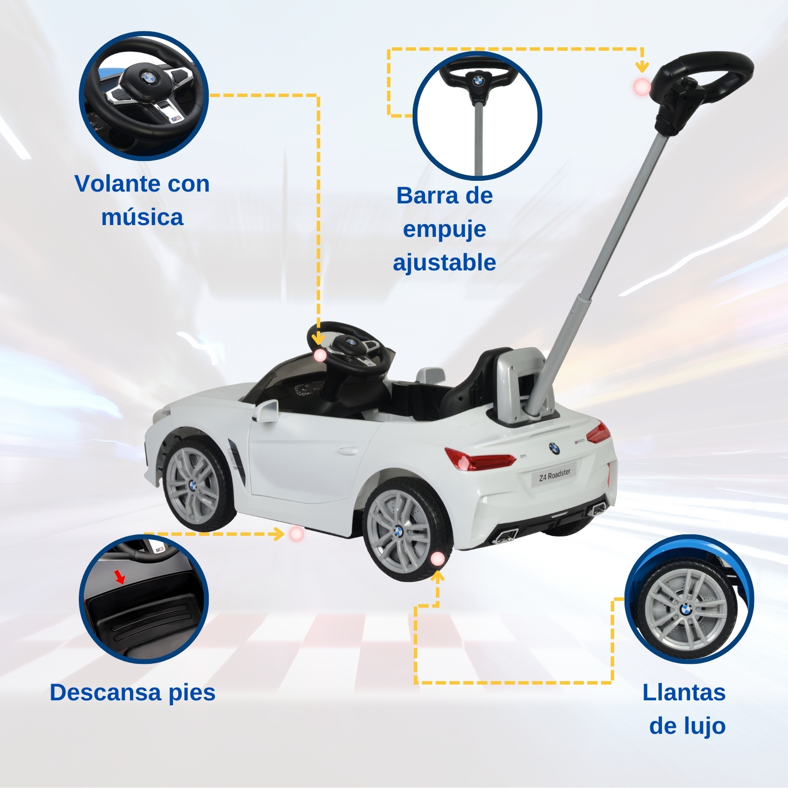 BMW Z4 Carro Montable Para Niños y Bebes - Función 3 En 1 Carriola, Camina o Monta - Coche Con Música y Claxon - Blanco