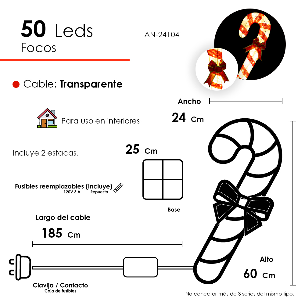 Decoración Bastón de Caramelo para Navidad, Incluya 50 Leds de luz Cálida para Uso en Interiores