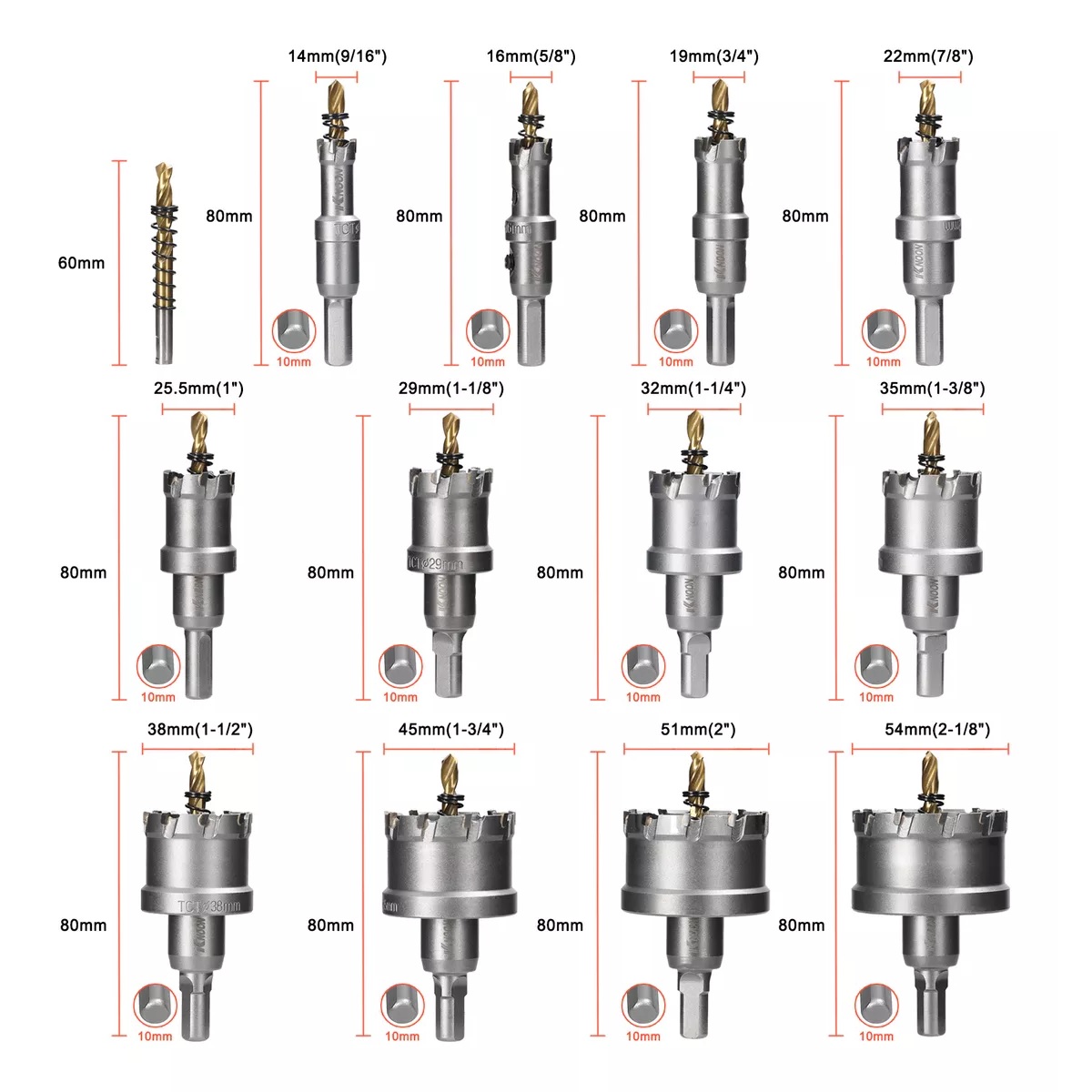 12 Brocas Sierra Perforadora Tct De Carburo Metal 14-54mm