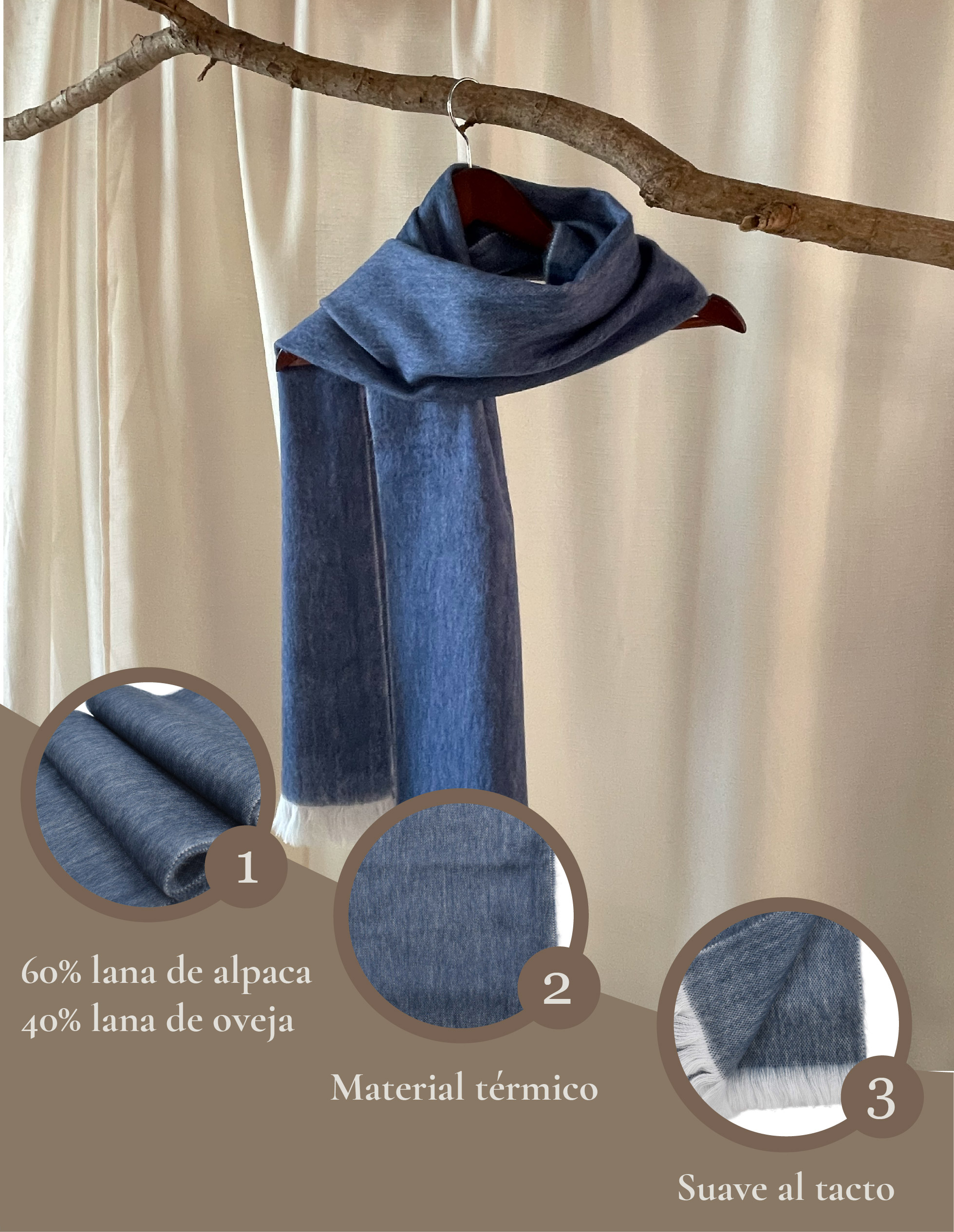 Bufanda Lisa de Alpaca Color Azul Detalle de Barbas Color Blanco 