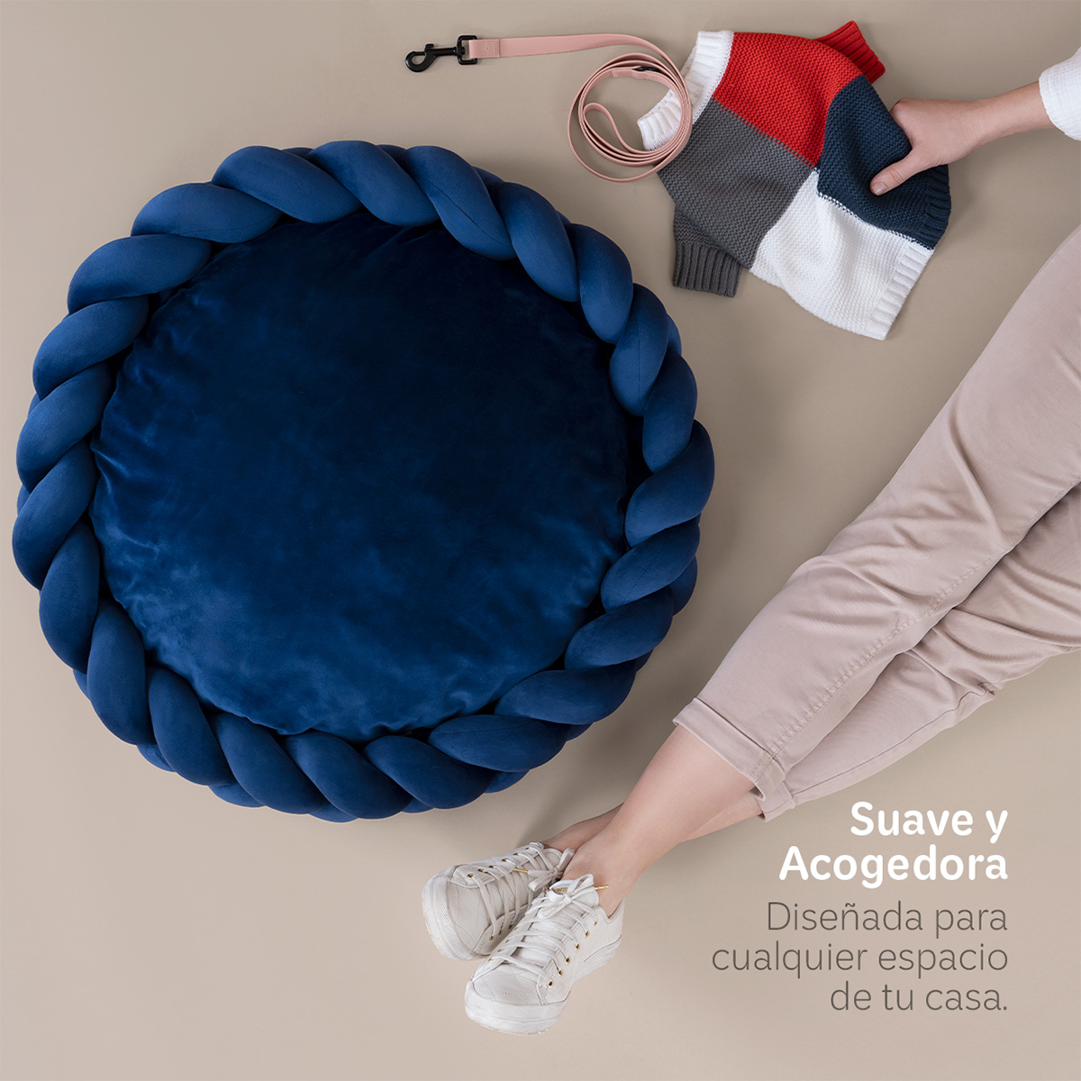 Cama Redonda para Perro y Gato Mediano / Cojín Antiestrés+ borde Trenzado, Lavable Azul Marino ESQUIMAL