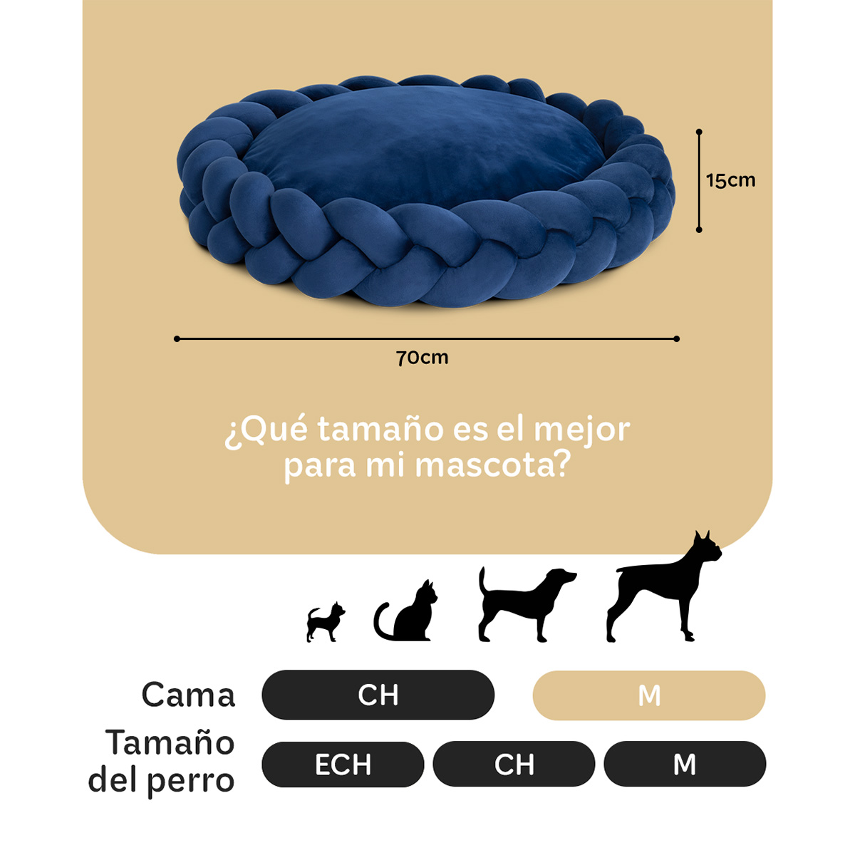 Cama Redonda para Perro y Gato Mediano / Cojín Antiestrés+ borde Trenzado, Lavable Azul Marino ESQUIMAL