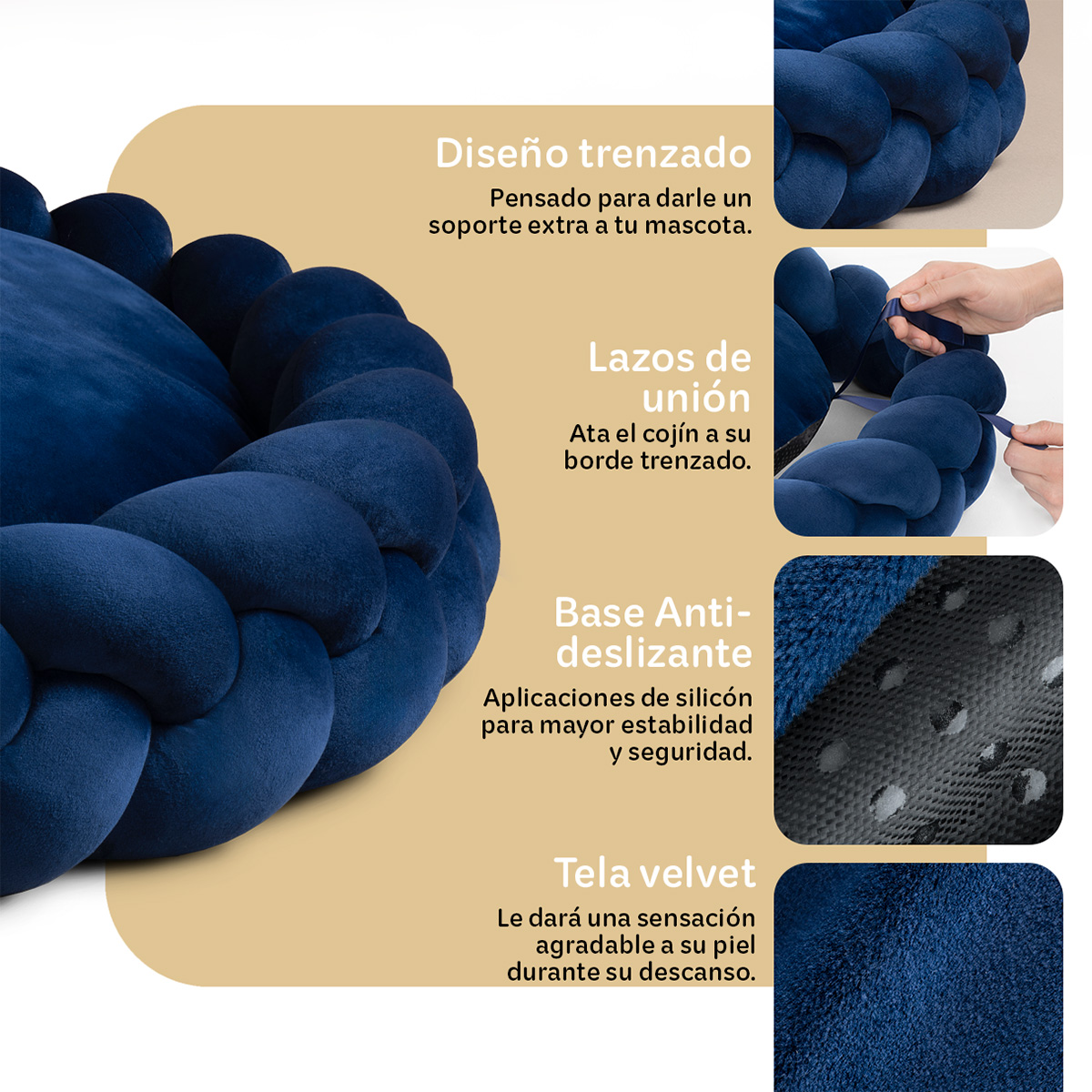 Cama Redonda para Perro y Gato Mediano / Cojín Antiestrés+ borde Trenzado, Lavable Azul Marino ESQUIMAL