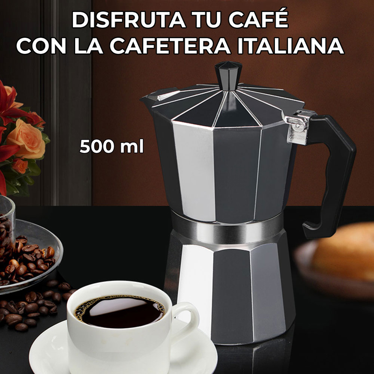 Cafetera Italiana Aluminio Manual Plateada 500ml Prensa Cafe