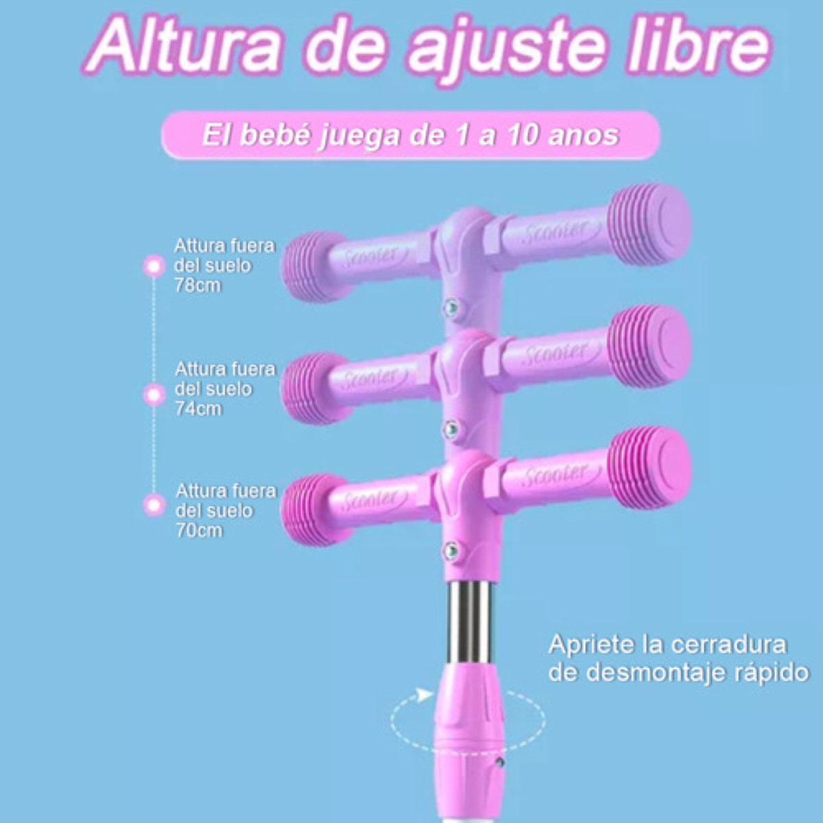 Patín Del Diablo Scooter Para Niños 3 Ruedas Con Luces Rosa Azul