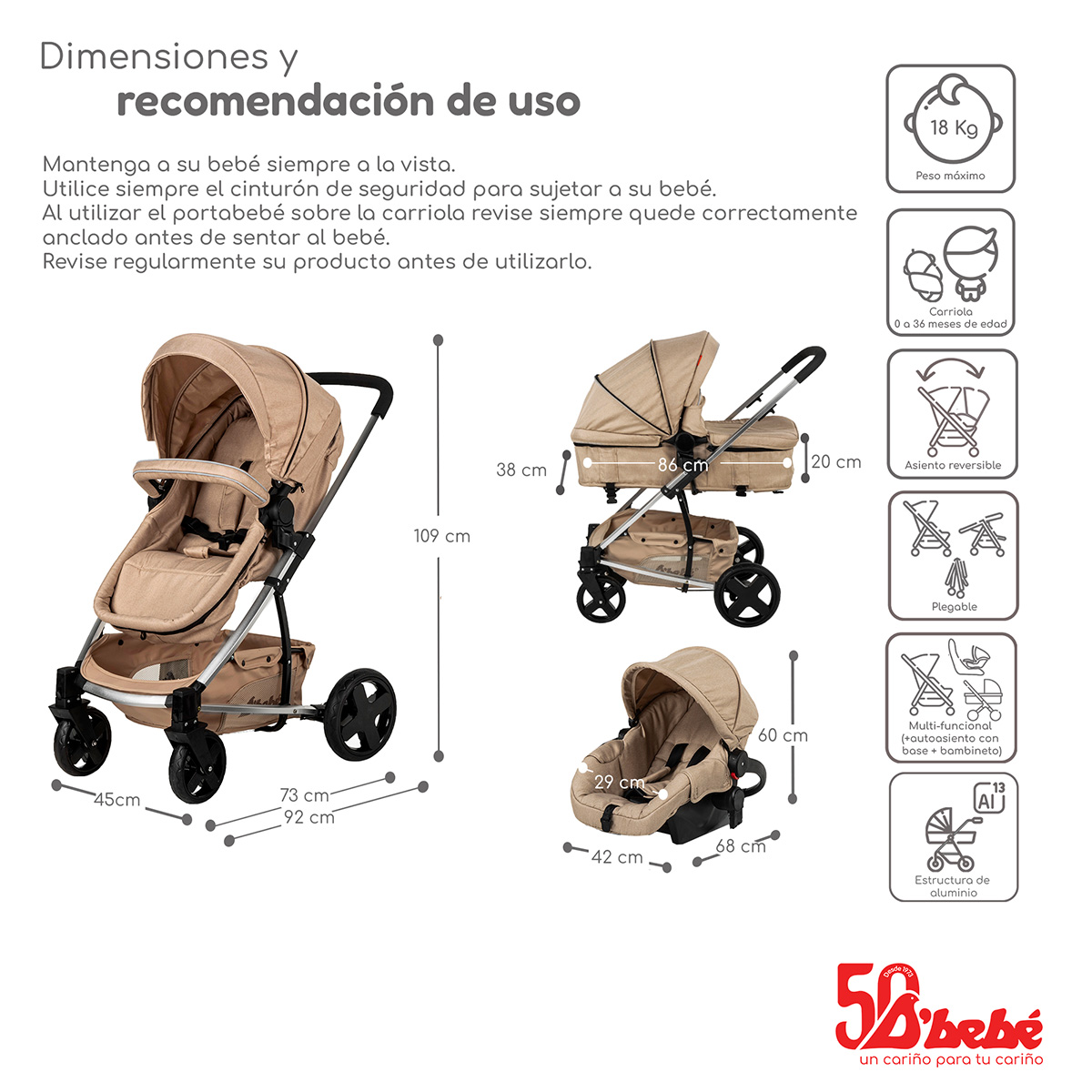 Carriola de Viaje para Bebe Plegable Ligera con Portabebe-Beige