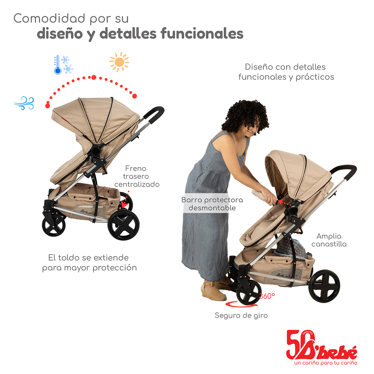 Carriola de Viaje para Bebe Plegable Ligera con Portabebe-Beige