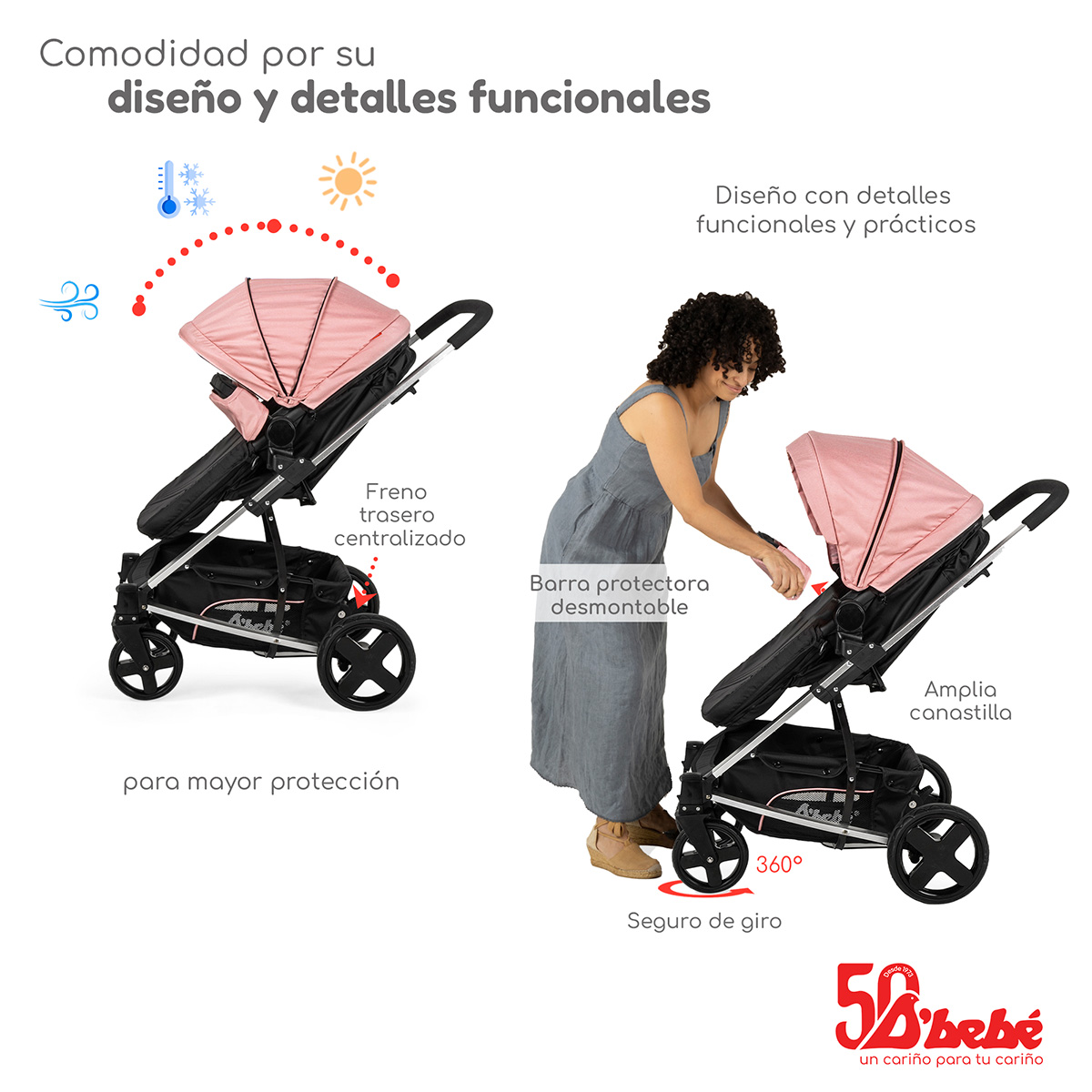 Carriola de Viaje para Bebe Plegable Ligera con Portabebe-Rosa
