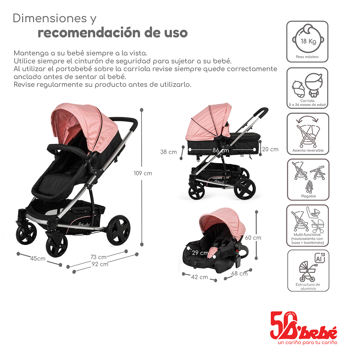 Carriola de Viaje para Bebe Plegable Ligera con Portabebe-Rosa