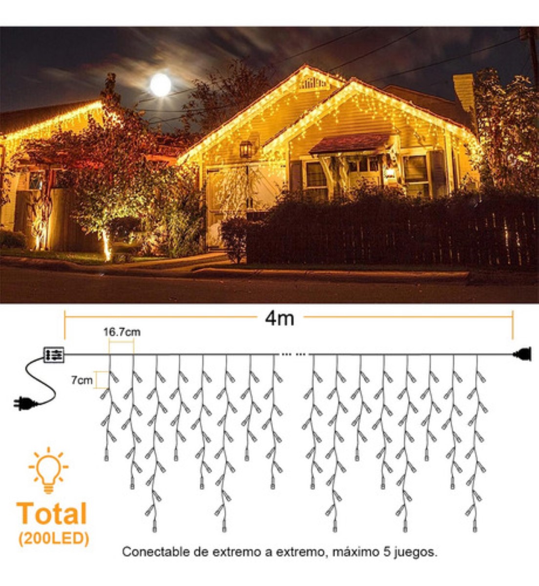 Cortinas Serie Navideña Luces Cascada 200 Led Decorativas 4M BLANCO CALIDO