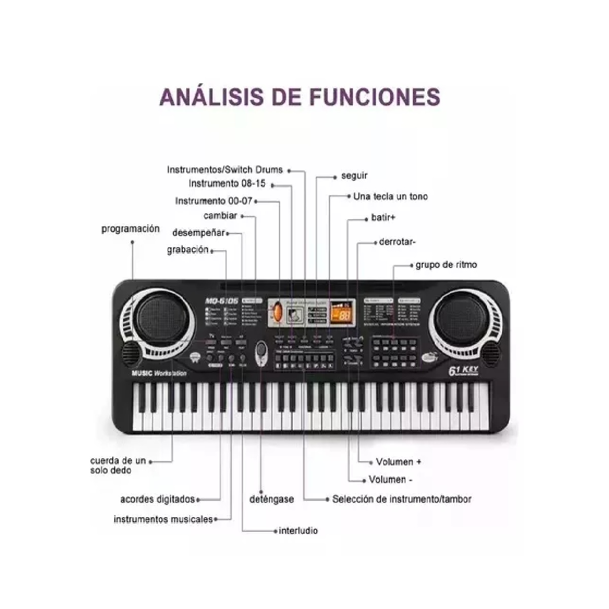 Piano Teclado Musical Para Niños Micrófono 61 Teclas Color Negro