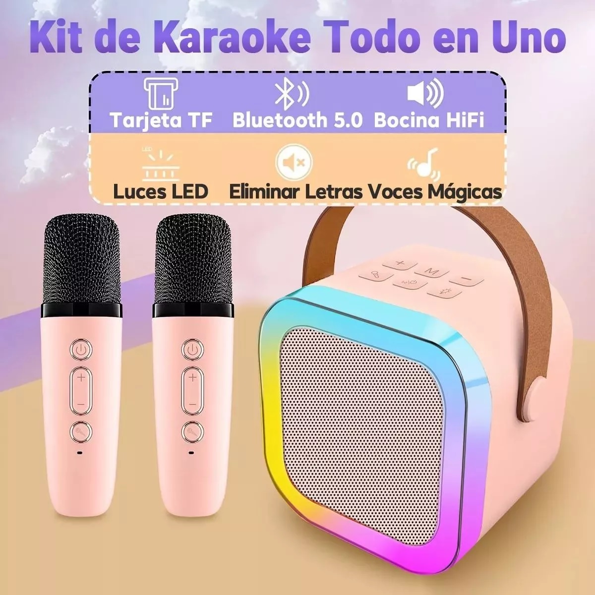 2 Microfonos Inalambricos Karaoke Con Efectos De Voz Con Mini Parlante Bluetooth Portatil Recargable Sd Con Luces Led Rgb Infantil Para Niños Niñas Gxtronics Color Rosa
